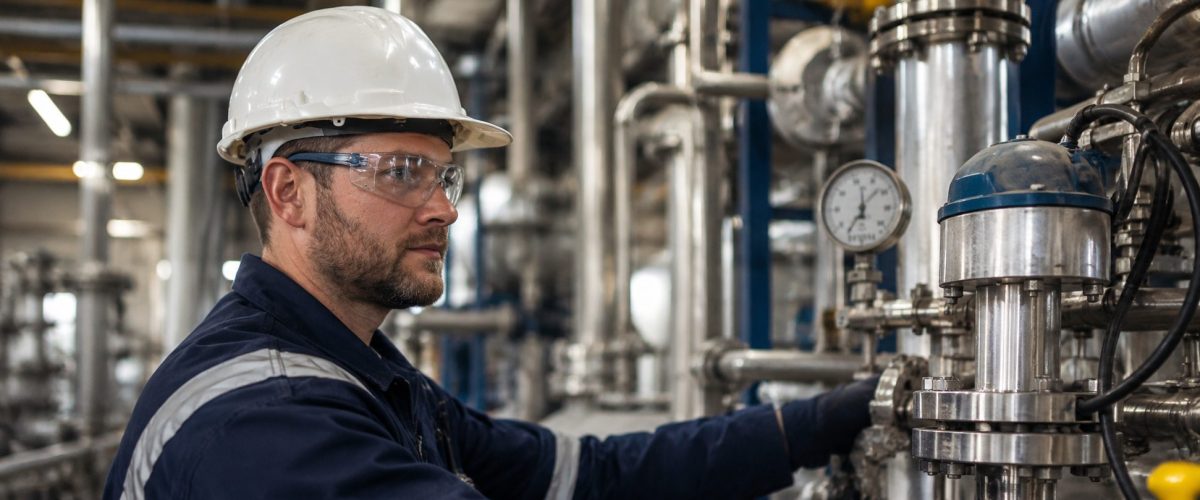 Procesoperator met helm en veiligheidsbril controleert installaties in een moderne fabriek