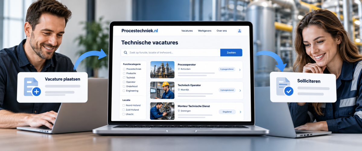 Werkzoekende bekijkt technische vacatures op een online vacaturebank via een laptop.